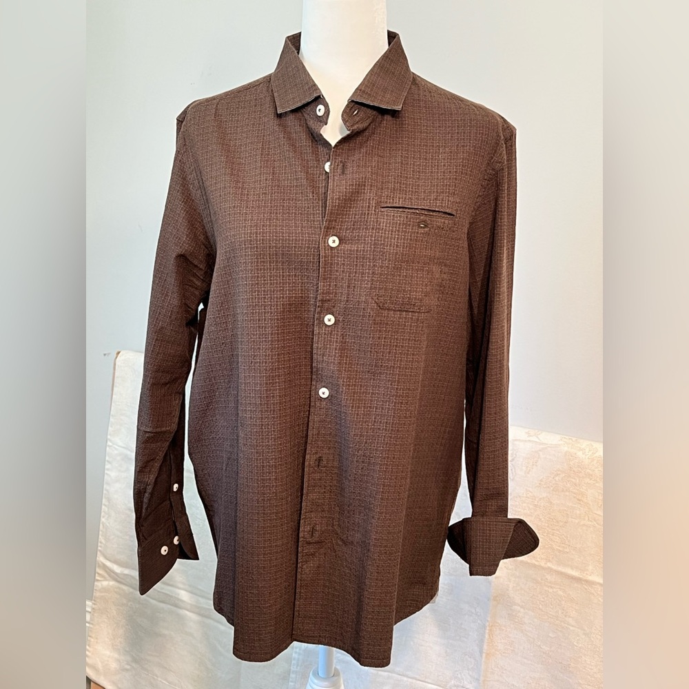 Tommy Bahama Silk Cotton Blend Button Down Shirt Dark Brown Textured Pocket Sz M
